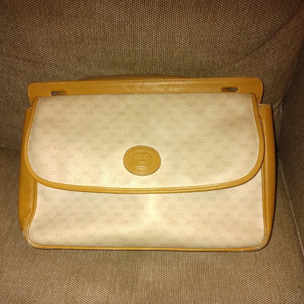 ❤️ GUCCI Micro G Logo Print Tan Canvas Leather Coated Canvas Clutch Shoulder Bag